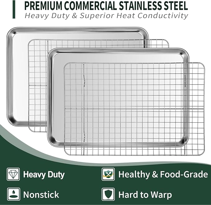 Small Baking Sheet with Rack Set [2 Cookie Sheets + 2 Baking Racks], CEKEE Stainless Steel Small Baking Pan and Grill Rack - Rust & Warp Resistant & Nonstick, Size 9.33 x 6.96 x 1 Inch