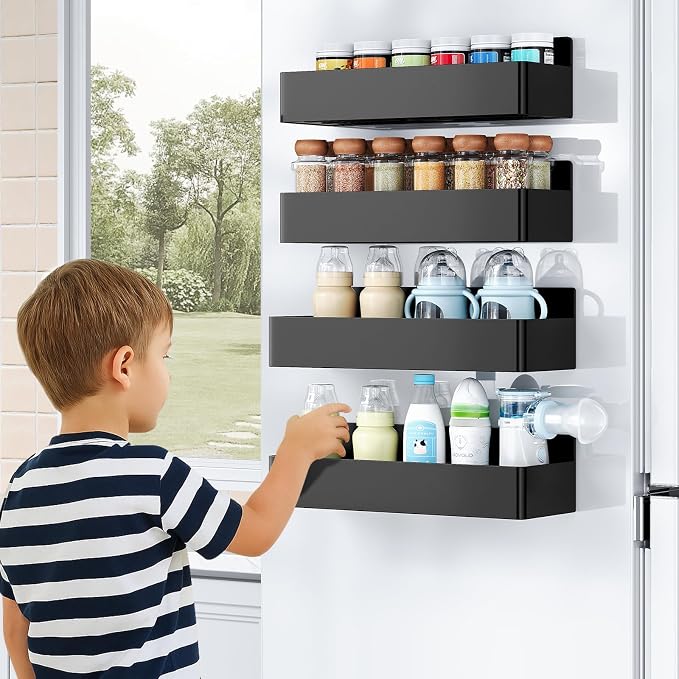 Mystozer Magnetic Spice Rack for Refrigerator, Kitchen Organizer and Storage Shelf, Black (2 Pack)…
