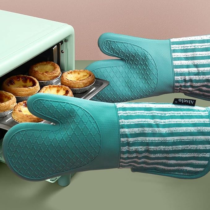 Alselo Silicone Oven Mitts Heat Resistant 932℉ with Waterproof & Non-Slip | Kitchen Mittens Set of 2,Extra Long 7.5"x15" Oven Gloves with Soft Cotton Terry Lining for Baking Cooking BBQ(Green,2)