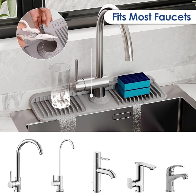 17.7-Inch Silicone Faucet Mat for Kitchen Sink Splash Guard, 7° Slope | 17.7"x5.5" water draining mat with fasten button; 1.6-2.75" customizable hole for bathroom, RV & kitchen sink drip catcher.