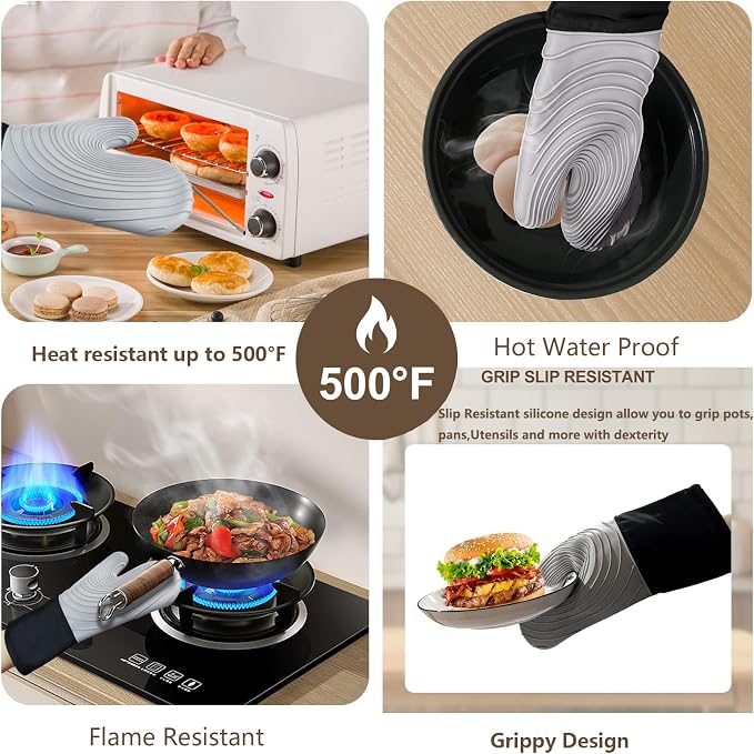 Silicone Oven Mitts-13.6 in Extended Oven Mitts Heat Resistant 500F, Oven Gloves with Soft Liner Good Grippy BPA-Free Easy to Clean Flexible-Oven Mits Set for Cooking Baking Grilling BBQ