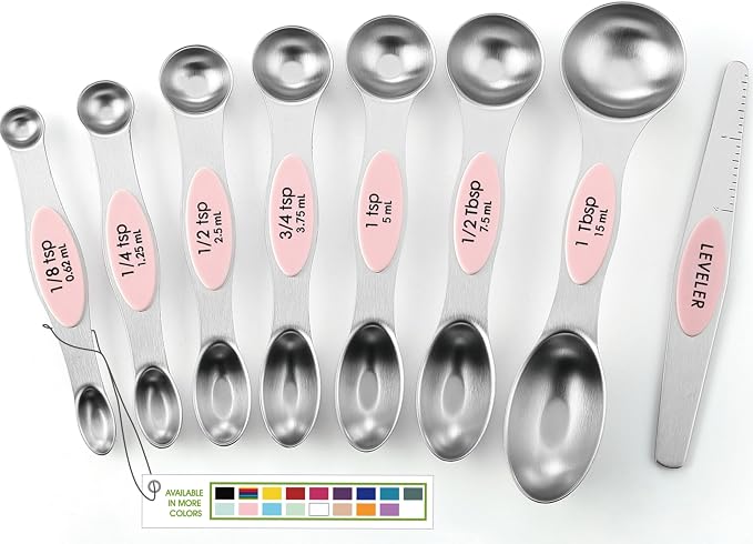 Spring Chef Stainless Steel 8 Magnetic Measuring Spoons Set, Pink Lemonade | Dual Sided Metal Teaspoon & Tablespoon Measuring Spoons with Leveler for Dry & Liquid Ingredients, Fits in Kitchen Spice Jars