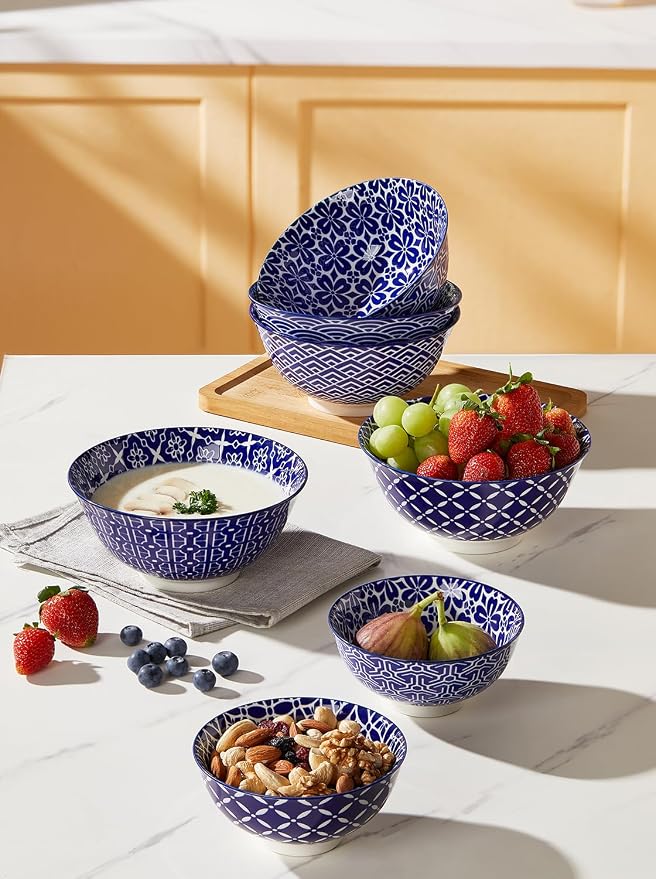 Metahom Cereal Bowls Set of 6, Ceramic Soup Bowls, 23 Oz, Blue and White | Porcelain Kitchen Bowls for Salad, Dessert, Pasta, Fruit, Ice Cream, Dishwasher & Microwave Safe, Stackable Design