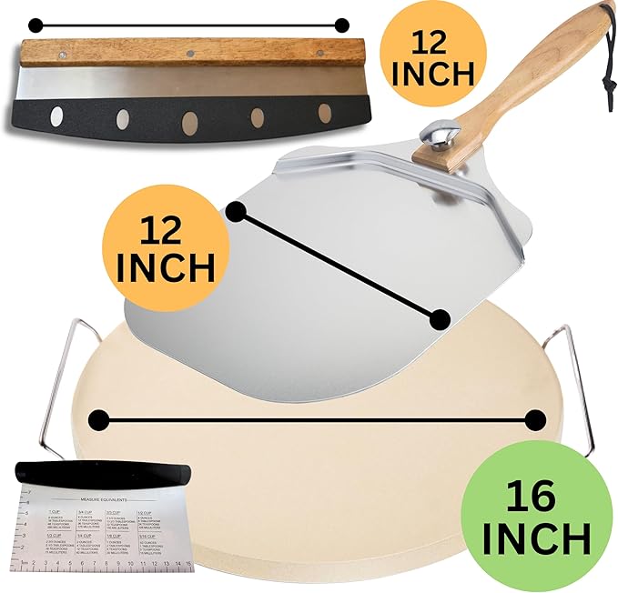 Round Pizza Stone for Oven 16 inch - Large Pizza Stone with Handles, Metal Pizza Peel, Pizza Cutter and Dough Tool - Baking Stone for Oven Bread - Thick Durable Cordierite Baking Stones