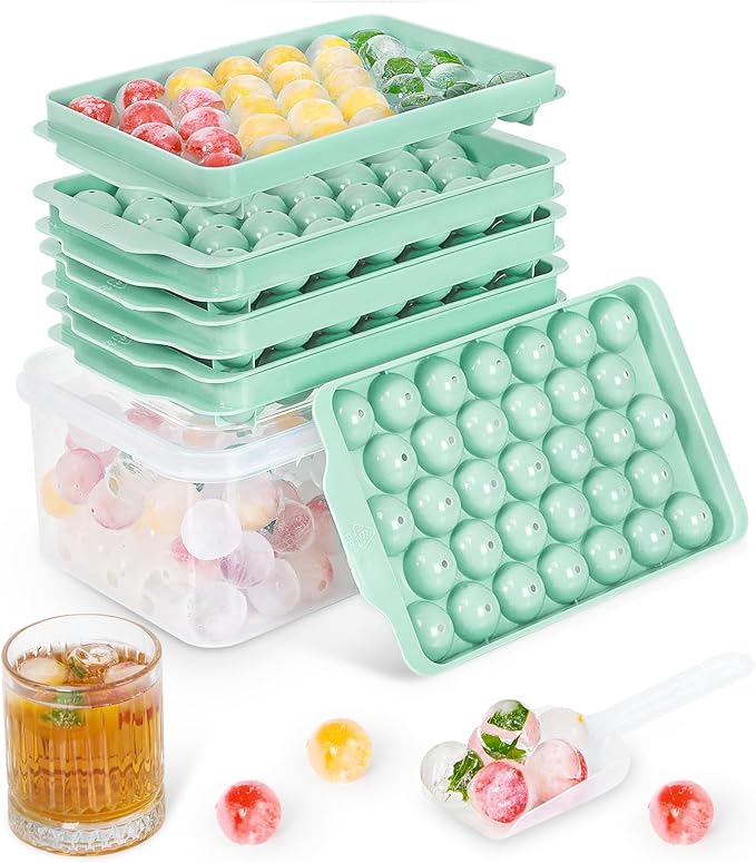 Optish Ice Cube Tray with Lid and Bin, 3 Pack Ice Trays for Freezer, 99 Pcs Round Ice Cube Mold, Ices Maker Bucket with Scoop for Cocktail, Coffee, Rv Accessories, Easy to Release (1 inch, Green)