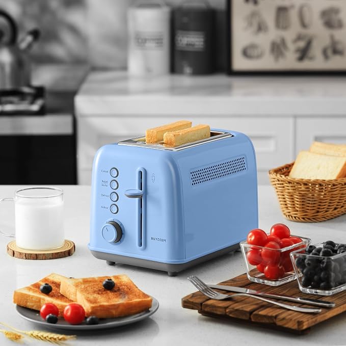 BUYDEEM DT620 2-Slice Toaster, 7 Shade Settings, Extra Wide 1.5'' Slots for Bagel & English Muffin, 6 Toasting Functions, Retro Stainless Steel Toaster with High Lift Lever, Blue