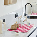 Ohocut Checkered Dish Drying Mat for Kitchen Counter, Coffee Bar Station Accessories, Retro Cute Girly Pink Aesthetic Modern Absorbent Drainer Mat Kitchen Drying Mat Easy Clean, Hot Pink 16" x 24"