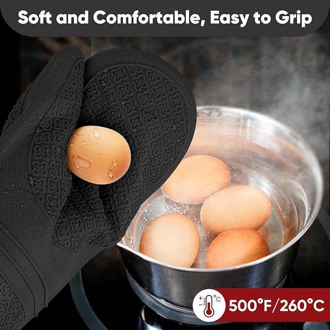 Silicone Oven Mitts, Heat Resistant Oven Gloves with Quilted Liner, Waterproof & Non-Slip Kitchen Mittens for Baking Cooking BBQ, 500°F, 12.5"-Black