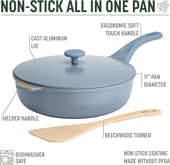 Goodful All-in-One Pan, Multilayer Nonstick Cookware Set, High-Performance Construction, Multipurpose Design Replaces Multiple Pots and Pans, Dishwasher Safe, 11-Inch, 4.4-Quart Capacity, Blue Mist