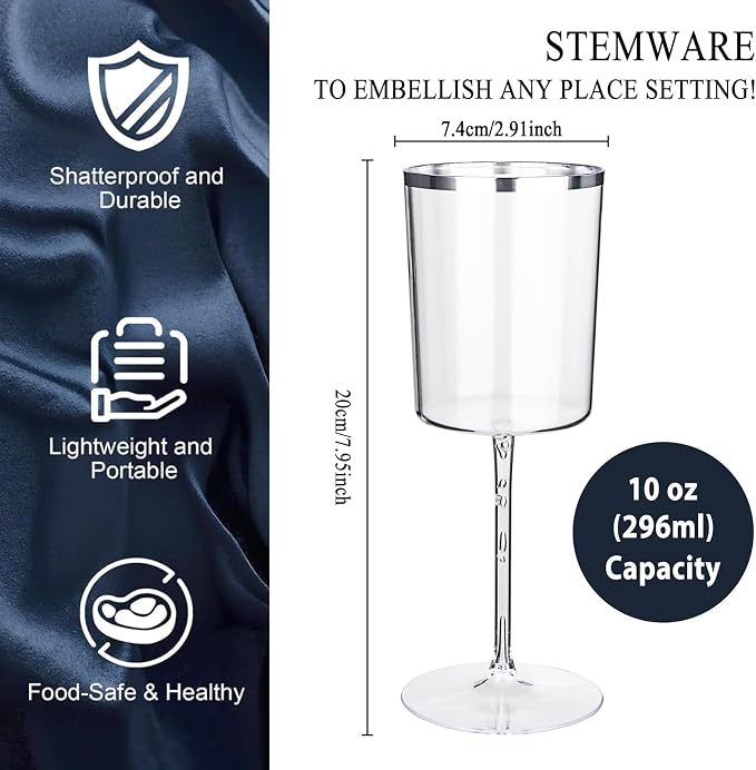 Ciaell 12 Pack Silver Plastic Wine Glasses for Weddings Outdoor Gatherings | 14 oz Silver Square Stemmed Cups, Heavy Duty Plastic, Wine Champagne Cocktails Mimosas for Parties Dinners