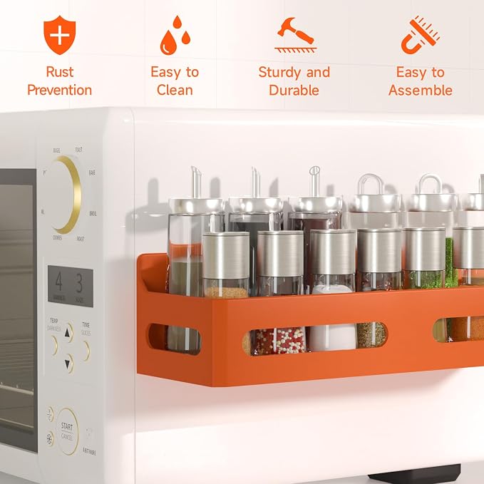 4-Pack Magnetic Spice Rack for Refrigerator with Hooks, Orange | Strong multipurpose magnetic shelf for kitchen & bathroom organization. Includes 4 removable hooks for hanging items.