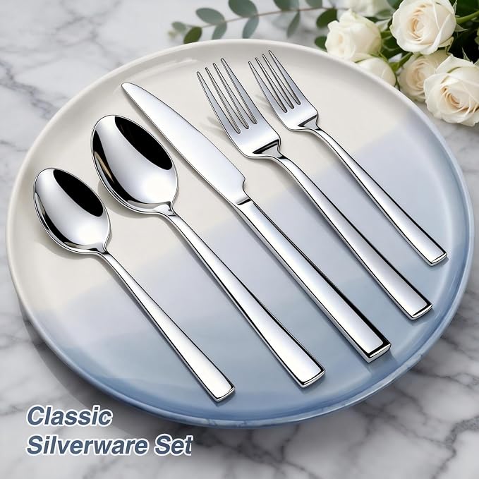 Yoehka 40 Piece Silverware Set, Stainless Steel Flatware Set for 8 | Heavy Duty, Mirror Polished Cutlery Set, Include Spoons/Forks/Knives, For Home Restaurant Hotel, Dishwasher Safe