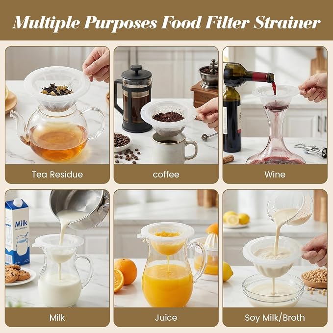 4PCS Food Filter Strainer, 5 Inch Reusable Nylon Plastic Strainer for Oils, Juice, Kefir,Wine, Coffee, Milk, Tea, Powder,Nut Milk,Honey(200+100 Mesh)