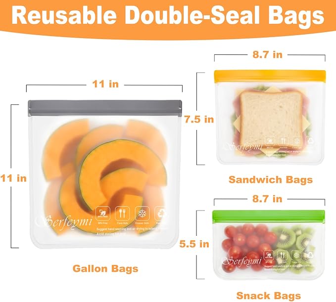 Serfeymi 16 Pack Reusable Gallon Freezer Bags Dishwasher Safe, Extra Thick Reusable Plastic Bags BPA Free, Leak Proof Food Storage Bags with 3 Sizes for Meat, Travel - 5 Gallon 6 Sandwich 5 Snack