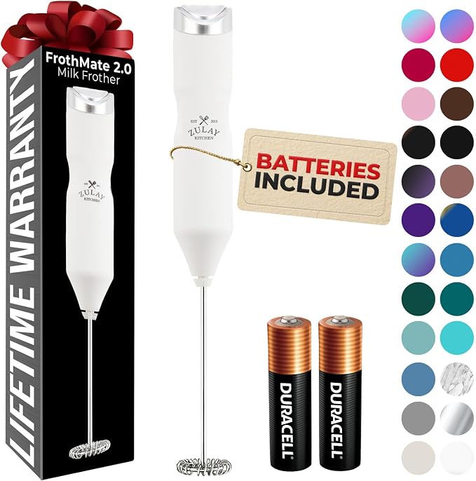 Zulay Kitchen Powerful Frother Wand AA Batteries Included, Ultra Fast Handheld Drink Mixer, Comfort Milk Frother, Stainless Steel Whisker, Frother Handheld for Coffee, Protein & Matcha - Frothmate 2.0