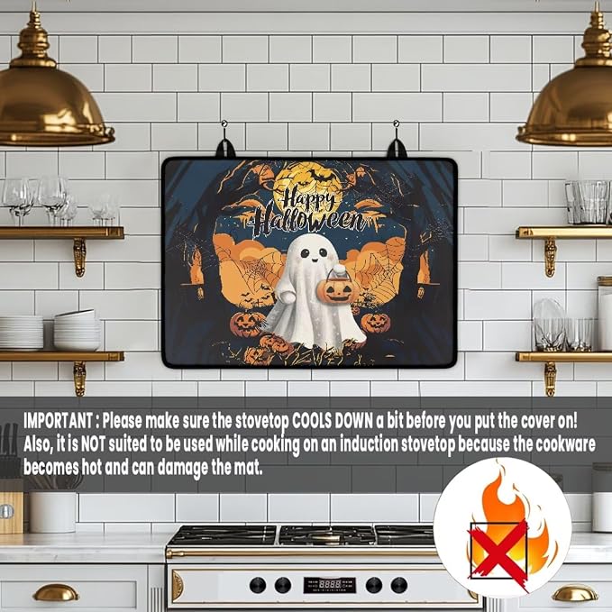 Electric Stove Top Cover 29.18 x 20.96 inch Coffee Machine Mat Halloween Decor Thick Induction Glass Cooktop Protector with Lanyards Range Covers, Cartoon Ghost Pumpkin Happy Halloween Print