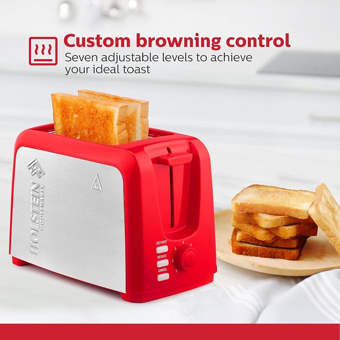 Holstein Housewares 2-Slice Toaster with 7 Browning Settings, Extra-Wide Slots, Reheat, Defrost, Cancel, High-Lift Release, Removable Crumb Tray – Compact Stainless Steel, Red