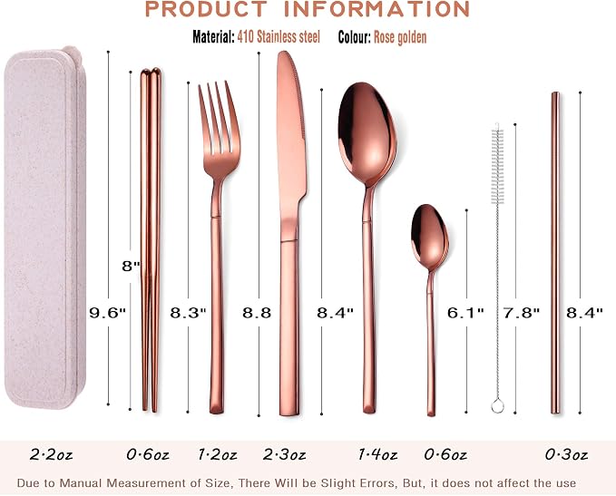 AARAINBOW 7 Pieces Stainless Steel Flatware Set Portable Reusable Cutlery Set Travel Utensils Set Including Chopsticks Knife Fork Spoon Straws Cleaning Brush Dishwasher Safe (Rose golden)