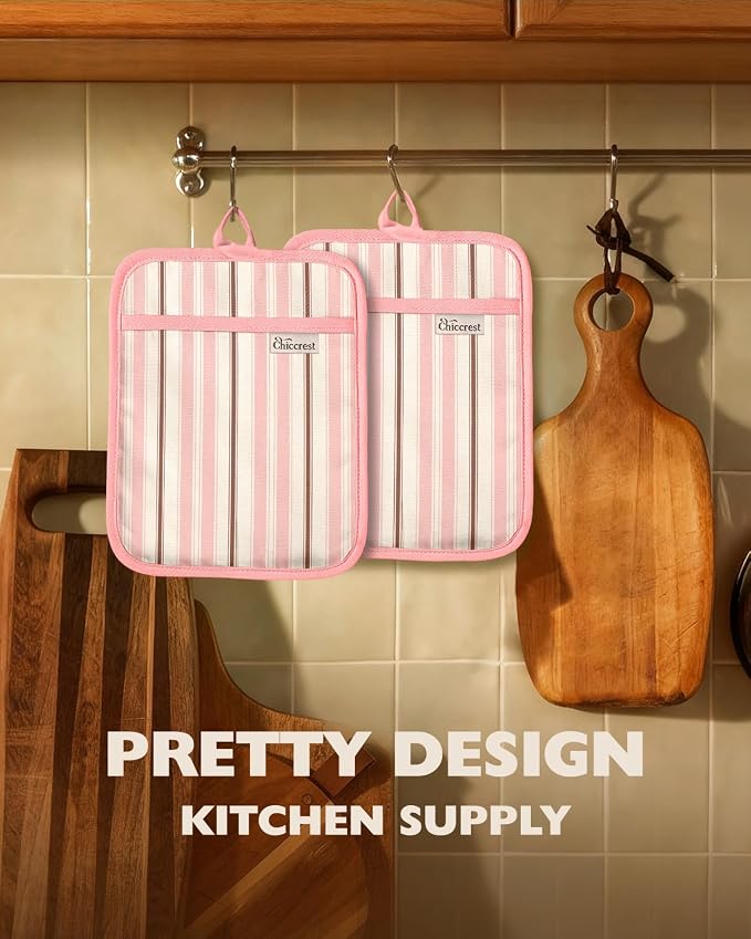 100% Cotton Pot Holders Textured Soft Silicone Pink Stripe | Stylish Pot Holders 2pcs, Machine Washable Non-Slip Heat Resistant Hot Pads & Oven Mitts 2-in-1, Practical Kitchen Decor