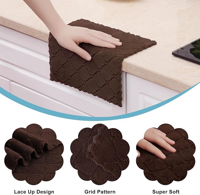 Homaxy 12 Pack Super Soft & Absorbent Dish Cloths, 10" x 10", Brown | Coral Velvet, Nonstick Oil Fast Drying Microfiber Cleaning Cloth, No Lint Household Dishcloths