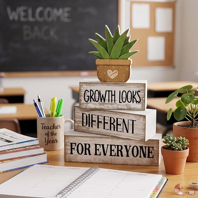 Lineshading 4 Pcs Growth Looks Different for Everyone Farmhouse Signs | Stacked Wood Blocks with Faux Succulent, Rustic White Inspirational Decor, Office Classroom Tiered Tray Teacher Gifts