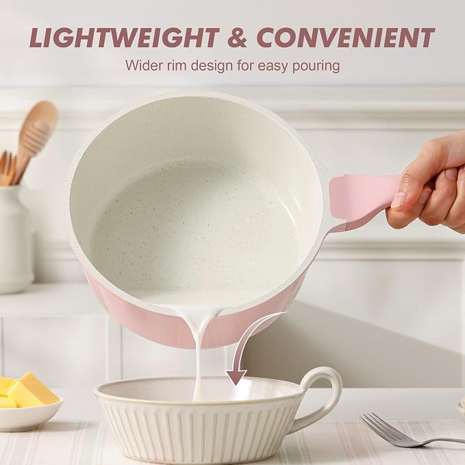SENSARTE Ceramic Nonstick Saucepan with Lid 1.5 QT, PTFE/PFAS Free, Pink | Small Kitchen Cooking Pot with Stay Cool Handle, Induction Compatible, Ceramic Coating