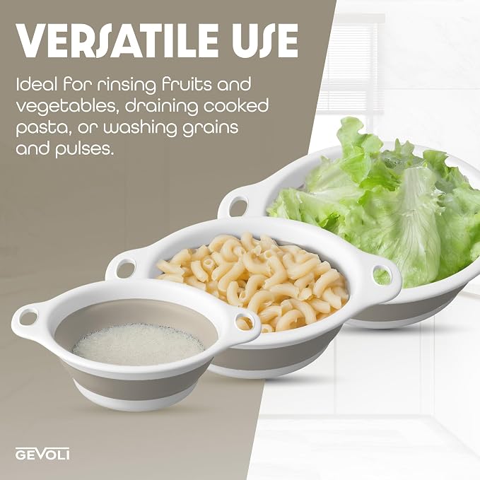 Gevoli Collapsible Colanders (3 Pack Set) Food Strainers with Over-Sink Water Draining Base for Pasta Fruits and Vegetables, White/Beige (3 Sizes, 3QT, 4QT and 5 Quart)