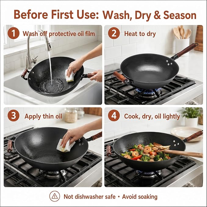 WANGYUANJI Cast Iron Wok Pan with Wooden Lid, 13.4 Inch Flat Bottom Chinese Stir Fry Wok, Textured Uncoated Large Wok for Induction, Gas, Electric & Ceramic Stoves, Seasoning Recommended | Uncoated cast iron wok with wood lid for induction, gas and ele...