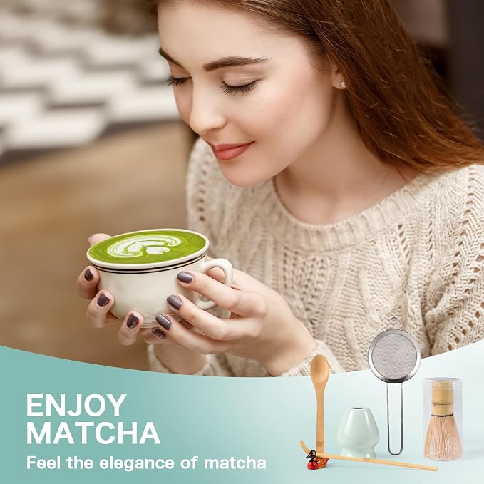 Matcha Whisk Set: Matcha Set with Bamboo Matcha Whisk and Ceramic Holder,Bamboo Scoop+Wooden Spoon,Scoop Holder,Sifter - Cute Matcha Tea Set - 6 Pcs Matcha Kit - Tools for Matchas Ceremonial Grade Kit