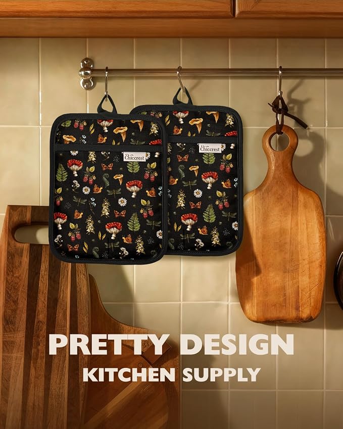 100% Cotton Pot Holders Textured Soft Silicone Mushroom | Stylish Pot Holders 2pcs, Machine Washable Non-Slip Heat Resistant Hot Pads & Oven Mitts 2-in-1, Practical Kitchen Decor