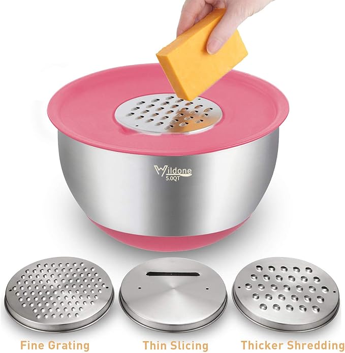 Wildone Mixing Bowls with Airtight Lids Set, 5PCS Stainless Steel Nesting Bowls for Kitchen, with Grater Attachments & Non-Slip Bottoms, Size 5, 3, 2, 1.5, 0.63 QT, for Baking & Serving (Colorful)