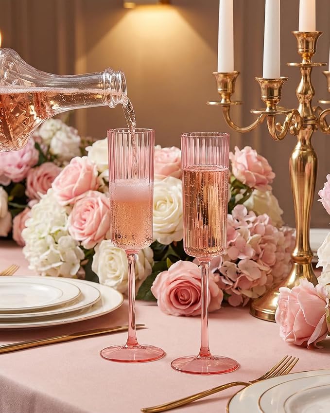 Ciaell 24 Pack Pink Plastic Champagne Flutes for Mimosa Bars | 6 oz Pink Long Stem Vintage Ribbed Mimosa Glasses, Heavy Duty Plastic, Champagne Mimosas Wine Cocktails for Weddings Parties