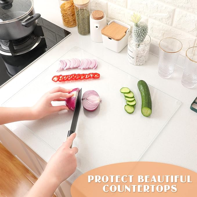 Glass Cutting Board 20''x16'' Large Tempered Glass Kitchen Counter Protector Clear Cutting Board for Countertop Durable Scratch Resistant Heat Proof for Bread Meat Veggies Kitchen Essential