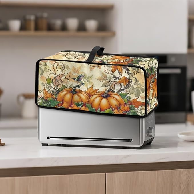 Pumpkins Toaster Cover 2 Slice Long Slot with Handle Thin Toaster Dust Cover Polyester Foldable Kitchen Accessories Compatible with Two Slice Bread Maker, Autumn Fall Gifts