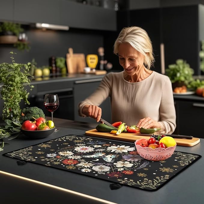 Butterfly Daisy Floral Plant Moon Print Electric Stove Top Cover 29.18 x 20.96 inch Silicone Cooktop Cover with Lanyards Coffee Machine Mat Stove Protector for Glass Top Stove