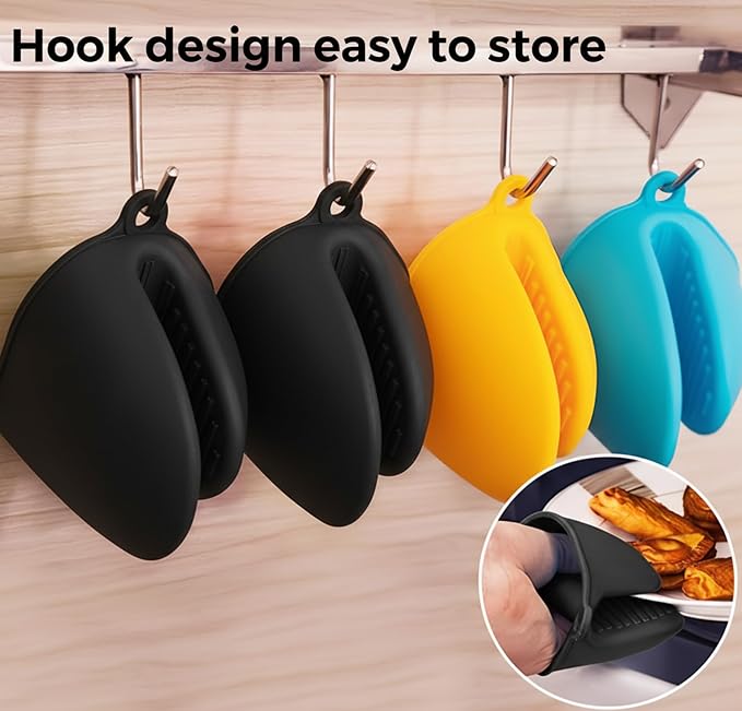 1 Pair Black,Mini Silicone Oven Gloves, Mini Finger Protector Pot Holder for Kitchen,Cooking,Baking,BBQHeat Resistant Gloves，can be Washed in the Dishwasher