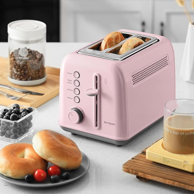 BUYDEEM DT620 2-Slice Toaster, 7 Shade Settings, Extra Wide 1.5'' Slots for Bagel & English Muffin, 6 Toasting Functions, Retro Stainless Steel Toaster with High Lift Lever, Pink