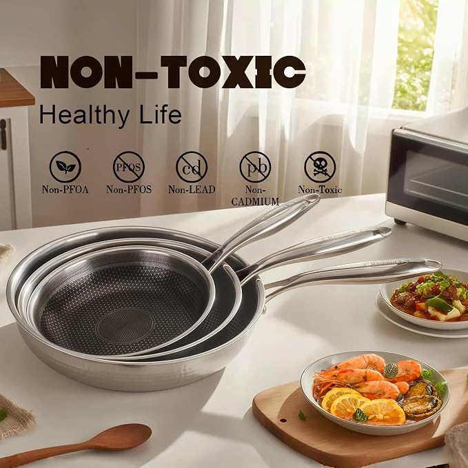 Hybrid 8 10 12 inch Stainless Steel Non Stick Skillet set | PFOA Free, Induction Compatible, Fast & Even Heat, Dishwasher & Oven Safe (500F)