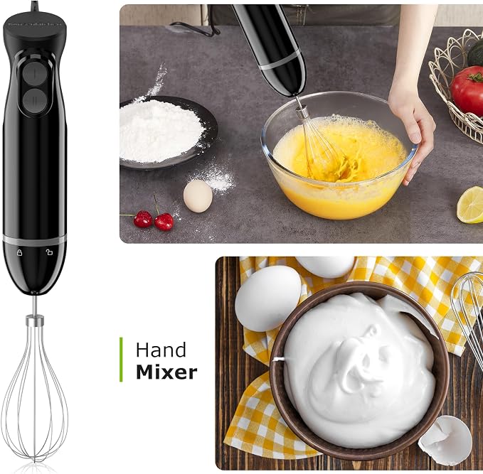 Bonsenkitchen 3-in-1 Immersion Blender Handheld with 2 Mixing Speed | Hand Blender with Egg Whisk & 24oz Beaker, Stainless Steel Blade, Portable Stick Mixer for Smoothie, Soup, Baby Food