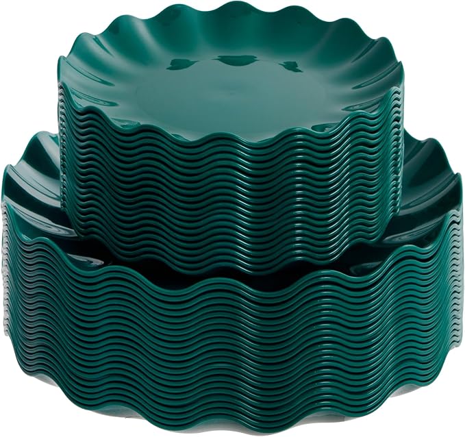 LIYH 50 Pcs Christmas Plastic Plates - Green Scalloped Plates Unbreakable | Holiday Dishes Reusable Dishwasher Safe BPA Free for Christmas Day(25Guests)