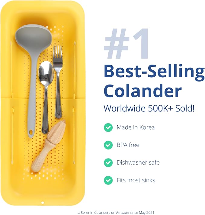 Blue Ginkgo Over Sink Colander, Extendable Kitchen Strainer, Yellow | Fits Most Sinks. Rinse, Drain and Dry with Ease.