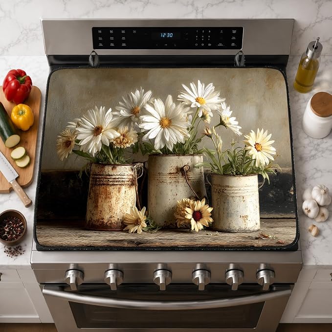 Electric Stove Top Cover for Glass Top, Daisy Birch Vase Floral – Heat Resistant Flat Stove Top Covers, Decorative Scratch Protector Mat for Glass Ceramic Cooktop, Non-Slip, 28"x20"
