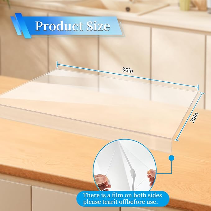 Large Acrylic Cutting Board with Counter Lip, 30 x 20 Inch | Clear Cutting Board for Kitchen Countertop, Non Slip-Protector Cover Shatter Resistant for Home Restaurant Kitchen Sink Stove