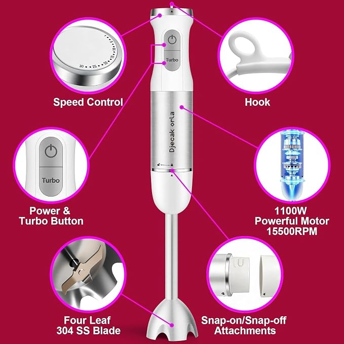 Upgrand 1100W 5-in-1 Immersion Blender Handheld, White | 30 Speed Stick Blender with Turbo, 15,500 RPM, Includes Whisk, Milk Frother, 500ml Chopper & 600ml Beaker