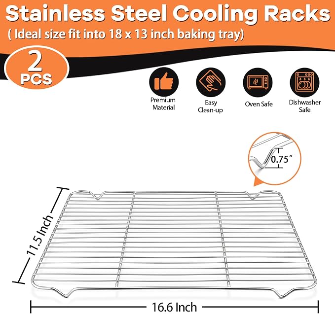 P&P CHEF Cooling Baking Rack Stainless Steel, 16.6" x 11.5", 2 Pcs, Silver | Cooling Racks for Cooking Baking Roasting Grilling Drying, Dense Wires & Smooth Edge, Easy to Clean