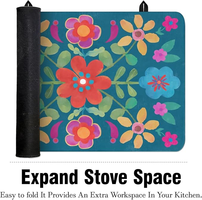 Boho Glass Stove Top Cover for Electric Stoves,Flower Floral Farmhouse Stove Top Cover for Kitchen Decor,Heat Resistant Cooktop Protector Mat,Non-Slip Washable Dish Drying Mat 28"x20"