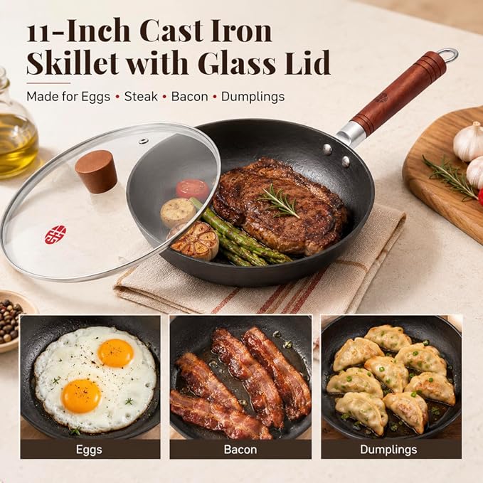 WANGYUANJI 11 Inch Cast Iron Skillet with Glass Lid, Uncoated Cast Iron Frying Pan for Steak, Eggs, Sautéing,Flat Bottom Skillet for Gas, Electric & Induction Cooktops