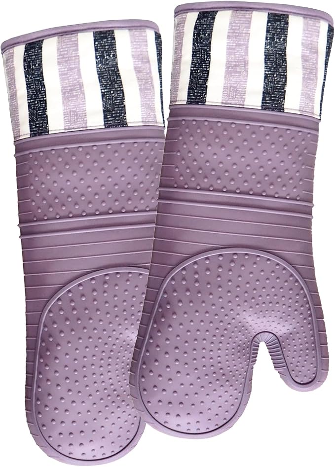Heat Resistant 550 Degree Oven mitt, Silicone Oven Hot Mitts - 1 Pair, Extra Long Professional Baking Oven Gloves - Food Safe,Pot Holders Cooking,Grilling,Kitchen (Purple Mittens)