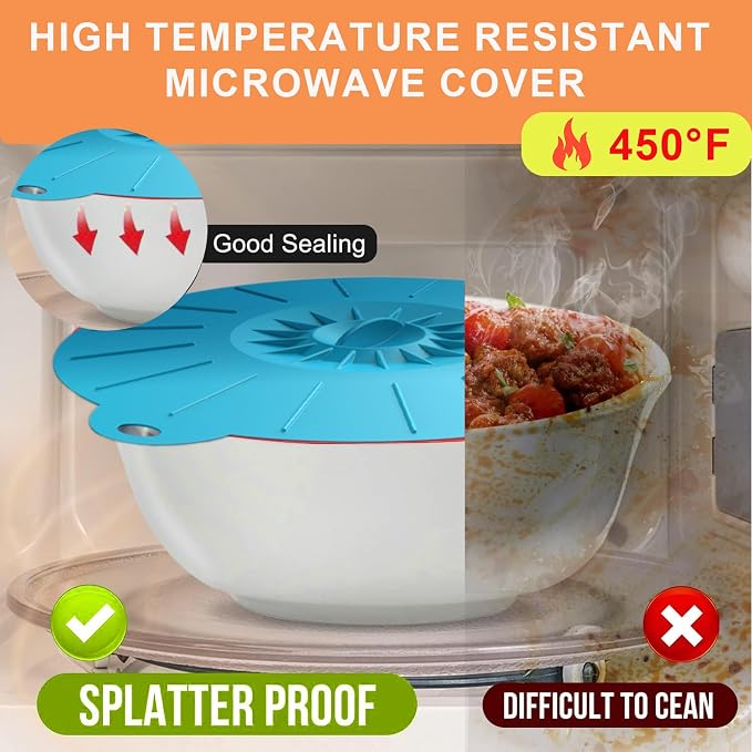 7 Pack Silicone Lids Microwave Splatter Cover, 5 Sizes Reusable Heat Resistant Suction Lids for Bowls Plates Pots Pans Oven Fridge, BPA Free, Ideal Mother's Gift