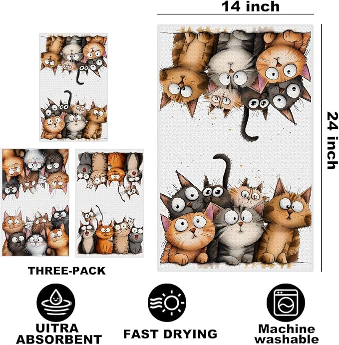 Jztco 3 Pcs Cute Cat Kitchen Towels, Cats Soft Absorbent Hand Tea Towel | Microfiber Dish Cloths for Drying Dishes, Waffle Dish Towels for Kitchen Home Bathroom Decor, Cat Lover Gifts for Women Mom
